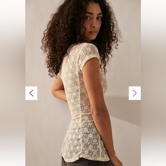 NWOT Free People Keep It Simple Lace Baby Tee Ivory Ruched Semi Sheer Fitted XS - Picture 1 of 14